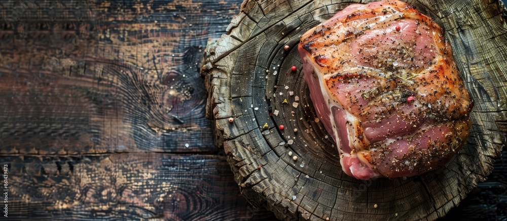 Aufkleber close-up top view of raw pork shoulder seasoned with black pepper on a wooden bark background, featu