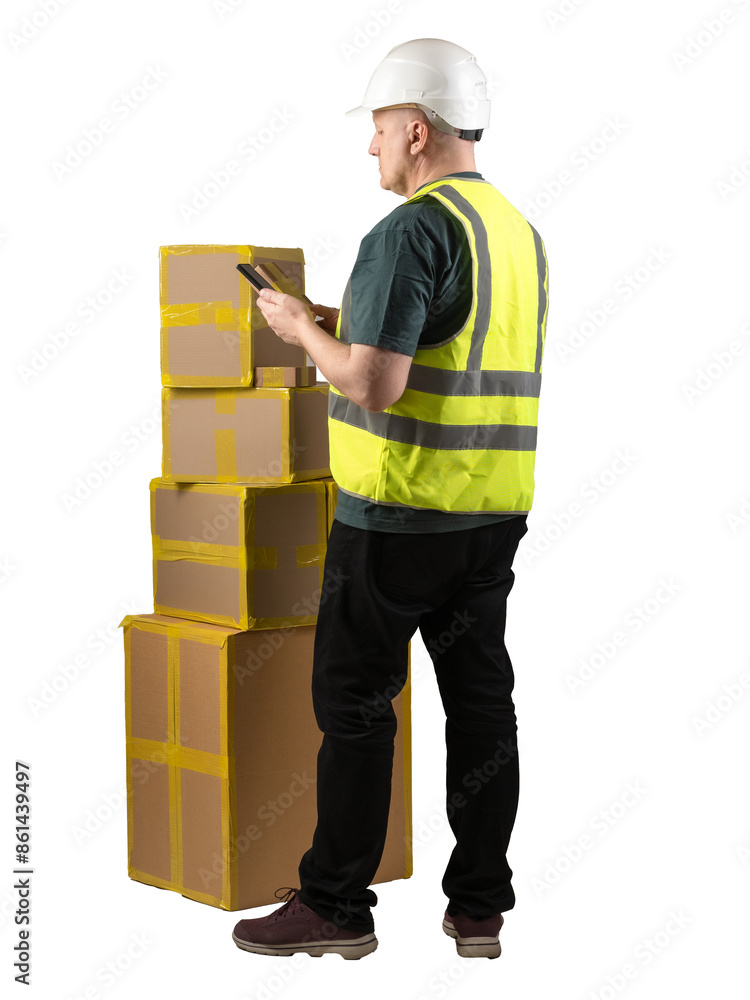 Aufkleber man with boxes. warehouse contractor with back to camera. delivery service worker. man with cardboar
