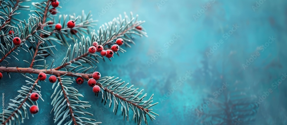 Poster festive christmas tree branch against a serene blue backdrop with a copy space image.