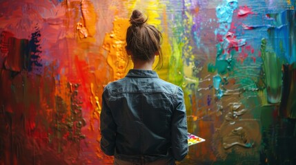 Obraz premium Back of Artist Working on Colorful Abstract Acrylic Painting