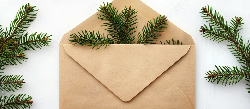 Poster christmas greeting card mockup on a craft paper envelope decorated with fir tree branches, displayed