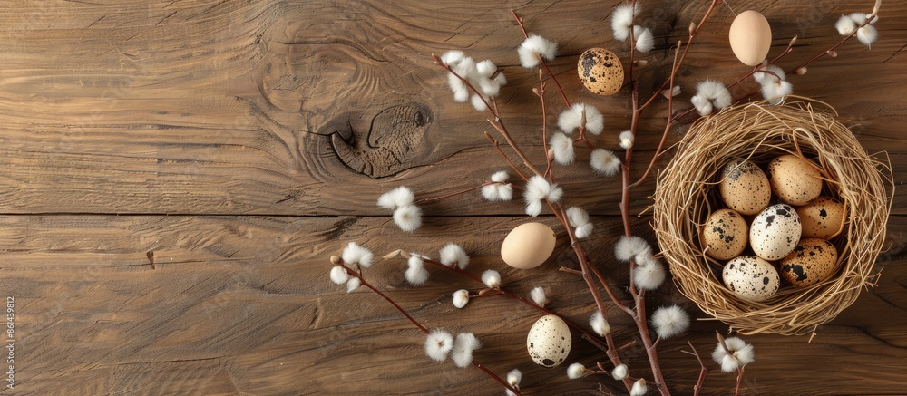Poster easter decoration featuring quail eggs in a nest and pussy willow branches on a wooden backdrop. top