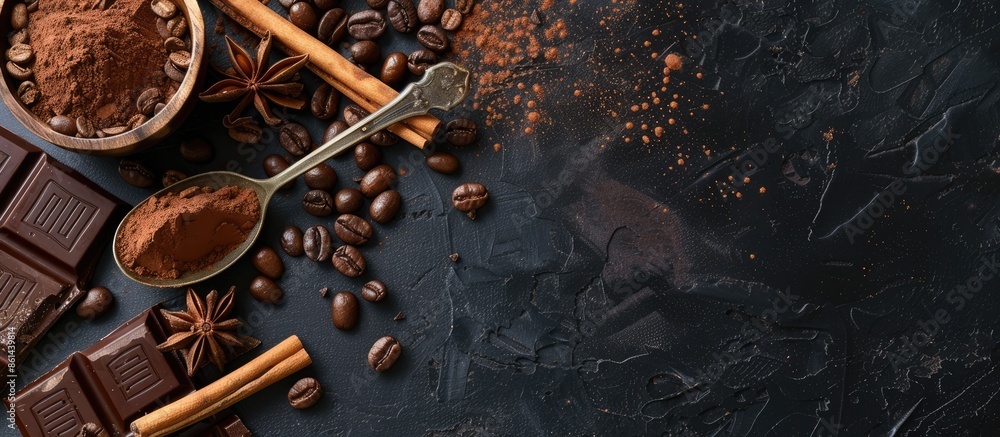 Poster Dark slate background with copy space image featuring cocoa and coffee beans, vintage spoon with cocoa powder, cinnamon sticks, and broken chocolate slices from a top view.