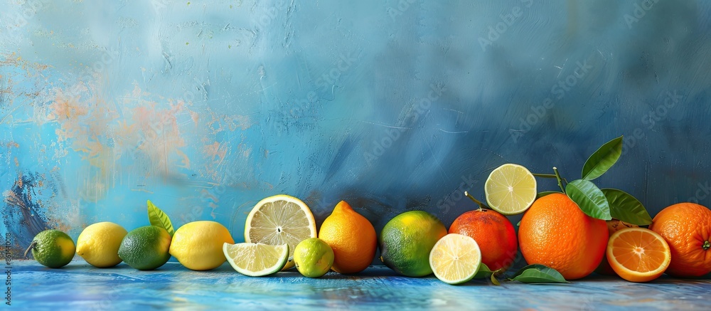 Poster design concept featuring vibrant fresh citrus fruits staged against a weathered blue backdrop with s
