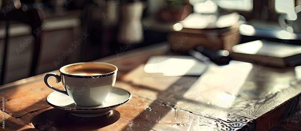 Poster arranging a workspace as you prepare a morning coffee with a copy space image.
