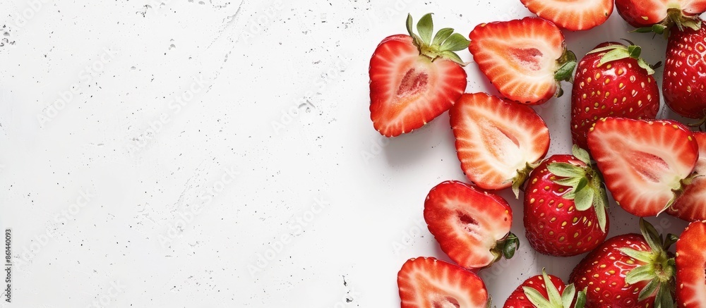 Poster Close-up image of juicy, fresh strawberries halved on a white background with ample copy space image.