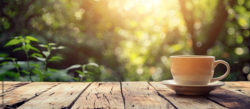 Poster coffee cup on wooden table outdoors with a natural backdrop, ideal for adding text. incorporating a 