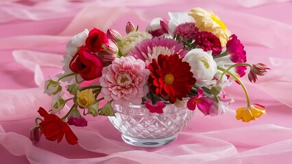 Flowers in vase lie on a pink background image