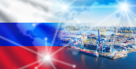 Seaport in Russia. Freight harbor with flag of Russian federation. Port for import of goods. Harbor with space for unloading ships. Port in Russian region. International sea import from Russia.