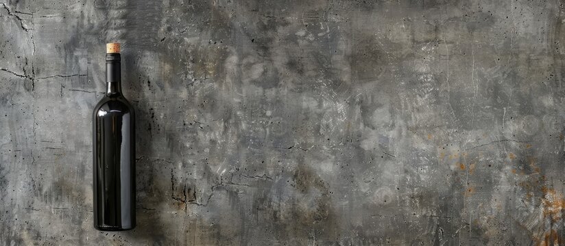 Concrete backdrop with a wine bottle on it, with a free area for adding text in the image. image with copy space