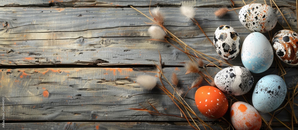 Poster easter-themed with eggs on wooden backdrop featuring a copy space image.