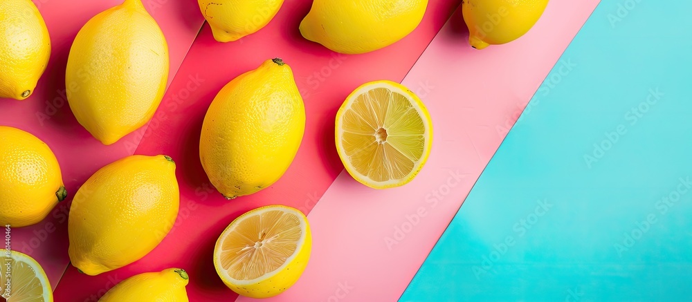 Poster Flat lay of vibrant fresh lemons arranged on a colorful backdrop with copy space image.