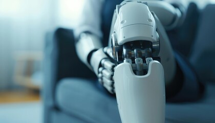 Close-up of a person with a robotic prosthetic leg sitting on a couch, representing modern technology in healthcare and artificial limbs.