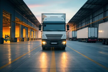 Front view of a truck in a large warehouse at dusk, showcasing the logistics and transportation industry.