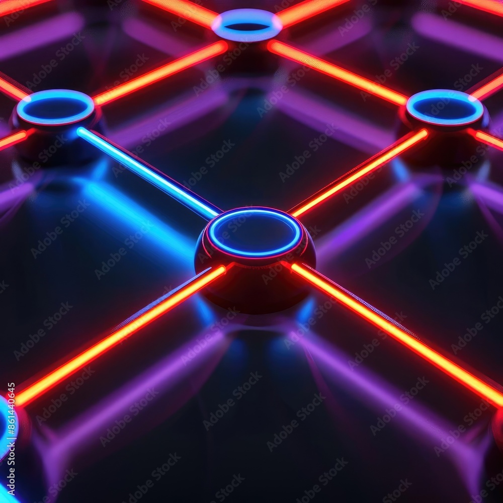 Poster futuristic neon lights and spheres arranged in an intricate geometric pattern with vibrant blue and 