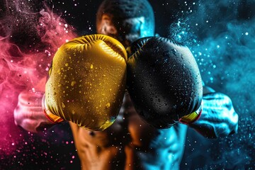 Dynamic close-up of a boxer with golden and black gloves, surrounded by vibrant smoke, ready for a powerful punch in a dramatic setting.