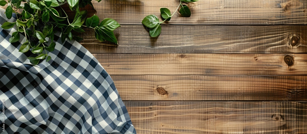 Poster an aerial view of a wooden table topped with a checkered tablecloth serves as a kitchen background, 