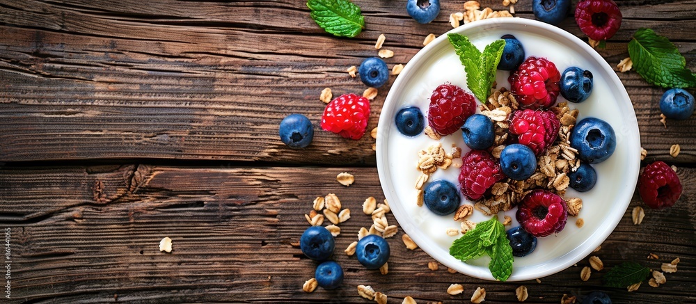 Poster close-up shot of yogurt, berries, mint, and granola on a wooden table, featuring a blank area ideal 