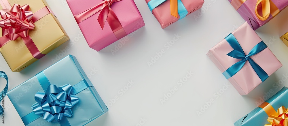 Aufkleber Colorful gift boxes elegantly displayed on a plain white backdrop, creating a visually appealing composition with ample copy space image.