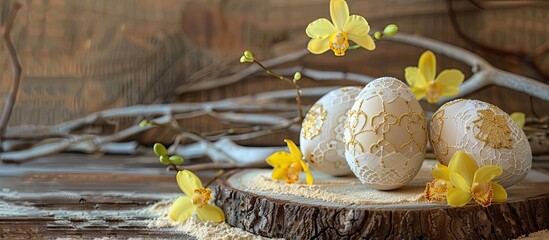 Decorated Easter eggs with lace borders on a wooden cutting board, surrounded by sawdust and yellow...
