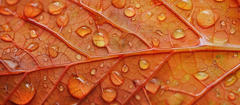 Close-up microphotography of an orange leaf with water drops, showcasing its intricate details and providing a copy space image to highlight patterns, textures, and colors of the plant.