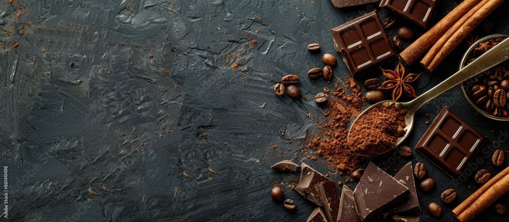 Poster Dark slate background with copy space image featuring cocoa and coffee beans, vintage spoon with cocoa powder, cinnamon sticks, and broken chocolate slices from a top view.