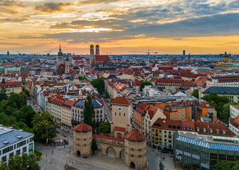Fototapeta premium Frauenkirche landmark seen at Sunset in an aerial view - Munich, Germany
