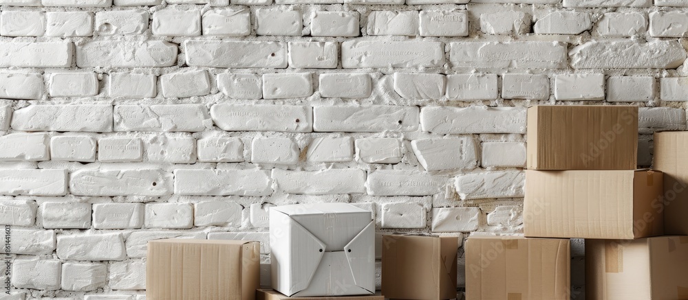 Poster close-up photo of cardboard boxes displayed against a white brick wall with ample copy space image.