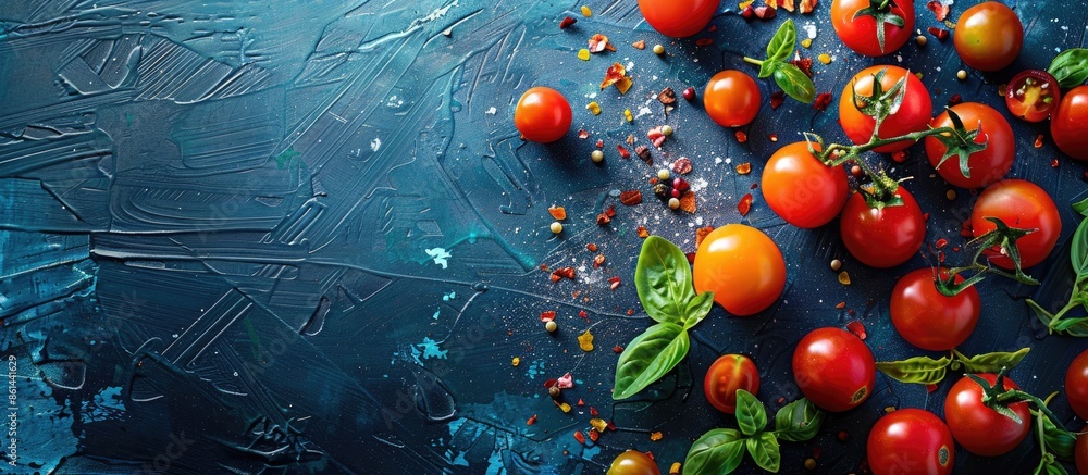 Poster cherry tomatoes and other ingredients arranged on a food background for a menu concept with copy spa