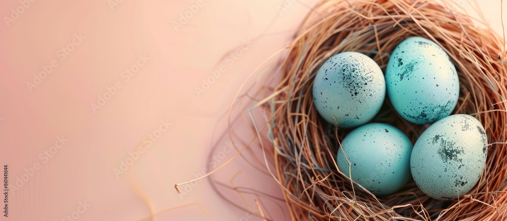 Poster easter-themed scene featuring blue eggs in a nest, set against pastel colors with extra space for im