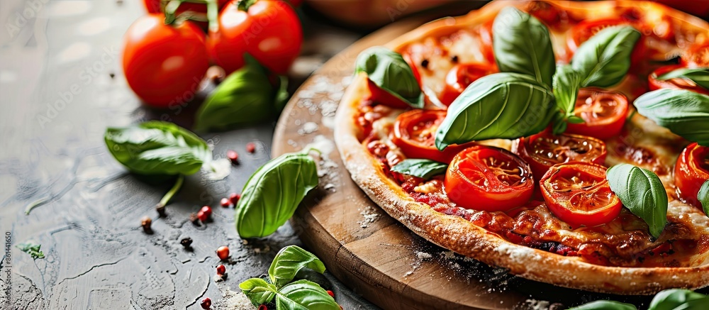 Poster close-up image of a delicious vegetable and basil pizza on a table with copy space image available.