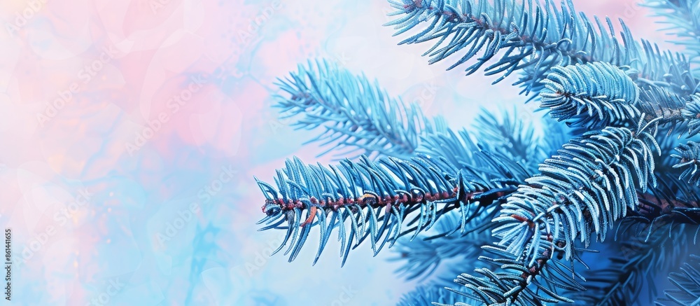 Poster christmas-themed banner featuring a blue spruce branch on an abstract backdrop with a copy space ima