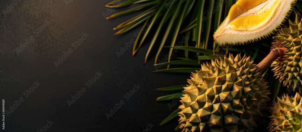 Poster detailed closeup image of a durian, known as the 'king of fruit', with copy space image.
