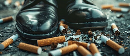 Close-up shot of a black leather shoe crushing cigarette butts, with a background message urging cessation, against a copy space image.