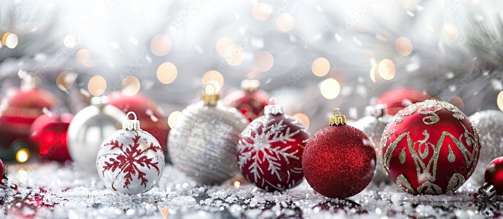 Poster festive christmas ornaments arranged on a shiny silver backdrop with copy space image.