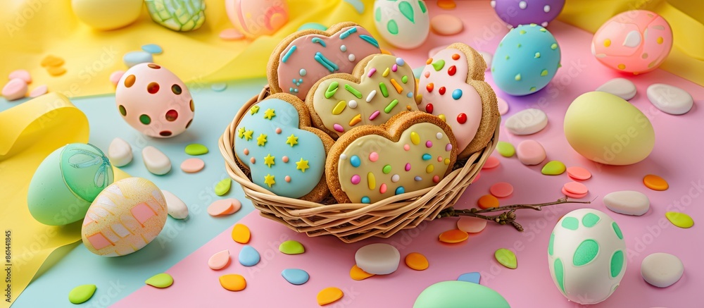 Poster Easter-themed cookies in a basket surrounded by vibrant Easter eggs on a colorful background, emphasizing a festive holiday theme with available space for additional imagery.