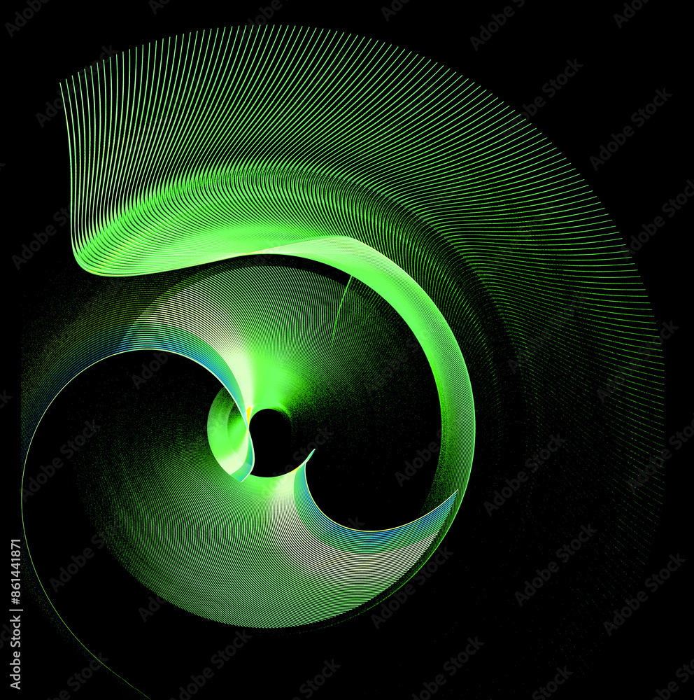 Wall mural Wavy and arched green and striped planes are layered and rotated on a black background. Icon, logo, symbol, sign. 3D illustration. 3D rendering.