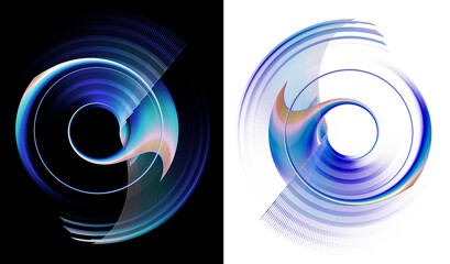 Blue striped abstract propellers of unusual shape on black and white backgrounds. Icon, logo, symbol, sign. Set. 3D illustration. 3D rendering.