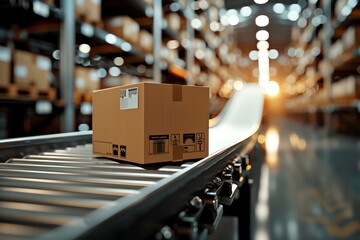 Photo of a cardboard box on a conveyor belt in a warehouse, ready for delivery and in the style of a logistics concept. With a telephoto lens and realistic lighting.