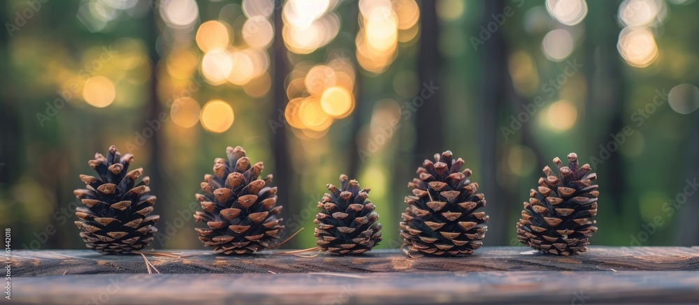 Poster Choose to focus on pine cones displayed on a wooden surface in a forest setting with space for additional text or elements in the image.