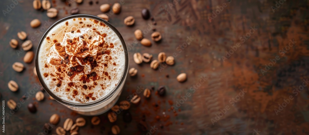 Poster an overhead view of a greek frappe in a glass, with ample copy space image.