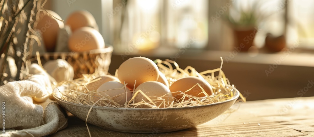 Poster Close-up of a bowl with fresh chicken eggs and dried straw on a table, ideal for adding text with copy space image.