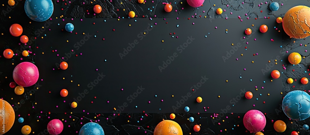 Poster Black velvet rectangle with multicolored balls creating an abstract frame on a black background with soft, fluffy balls, ideal for a copy space image.