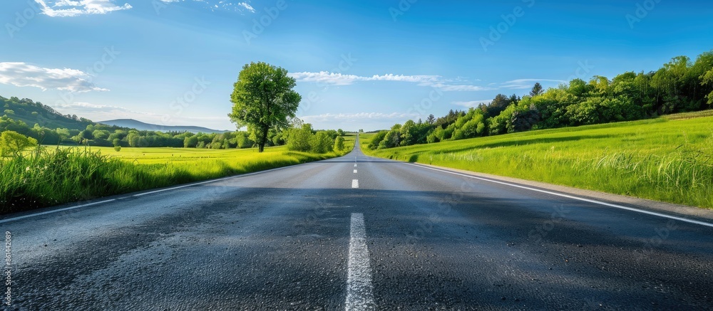 Poster Clear day in the countryside with an empty road, providing a serene copy space image.