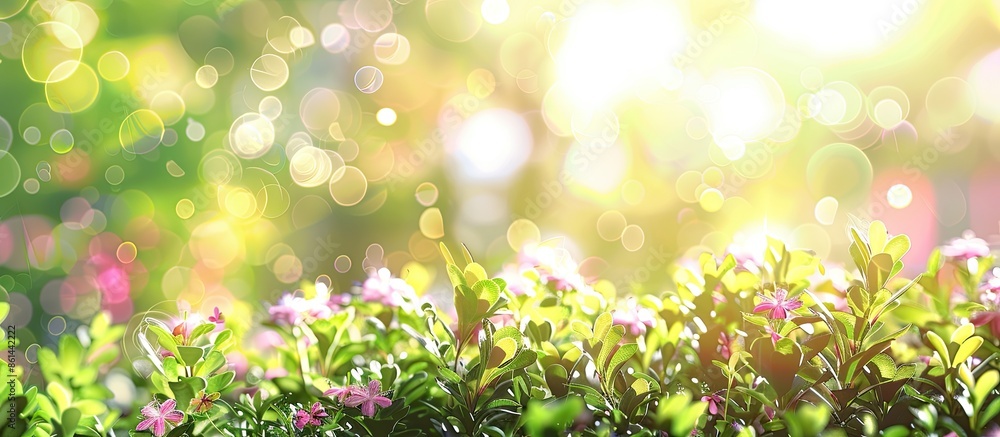 Poster blurred bokeh background with spring garden plants, offering copy space image.