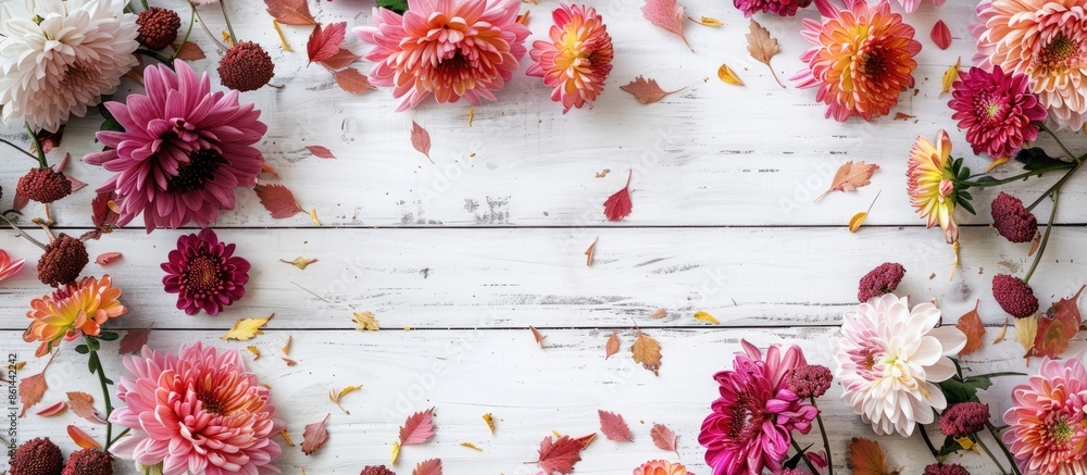 Poster chrysanthemum flowers form an elegant frame on a white wooden backdrop, ideal for a copy space image