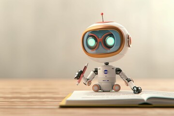 Cute little robot holding pencil, sitting on book, showcasing learning and educational technology concept in a fun and engaging way.