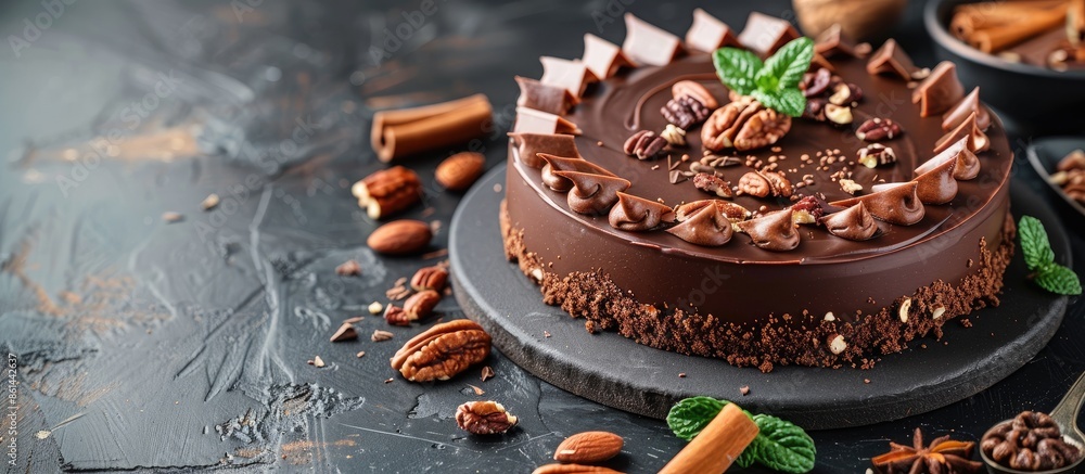 Poster close-up of a delicious homemade chocolate cake with nuts on a black table, providing ample copy spa