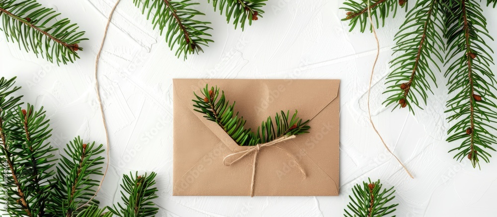 Poster christmas greeting card mockup on a craft paper envelope decorated with fir tree branches, displayed