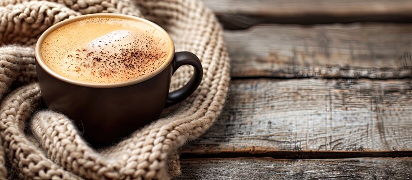 Coffee in a cup on a rustic wooden table creates a cozy atmosphere with a warm beverage, all set against a beautiful backdrop for a copy space image.